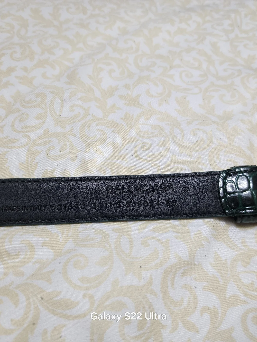 Balenciaga Black Leather Belt with Dark Green Croc-Accent and Gold Buckle